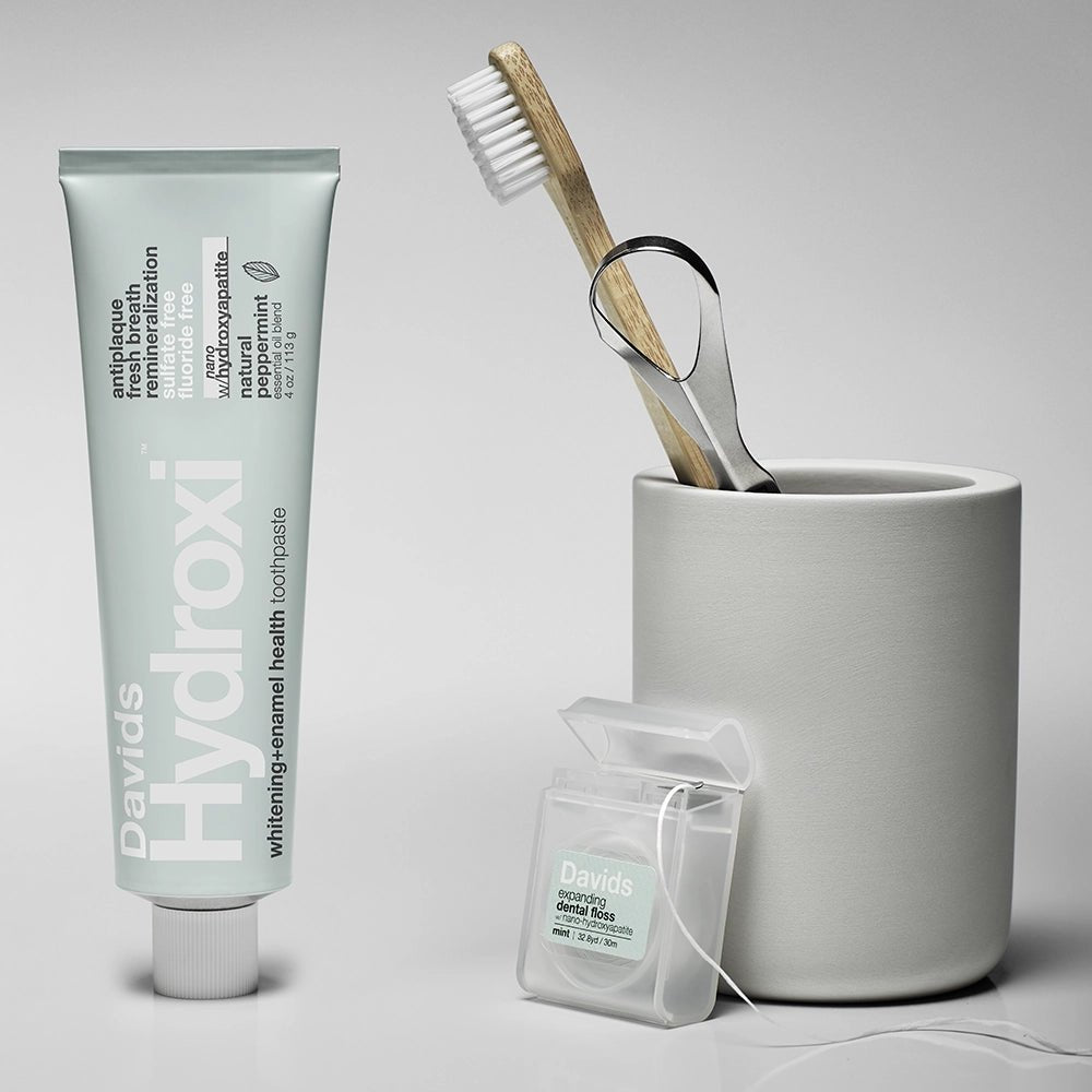 Davids Essential Whitening Bundle /  nano hydroxyapatite toothpaste + tongue scraper + toothbrush + floss