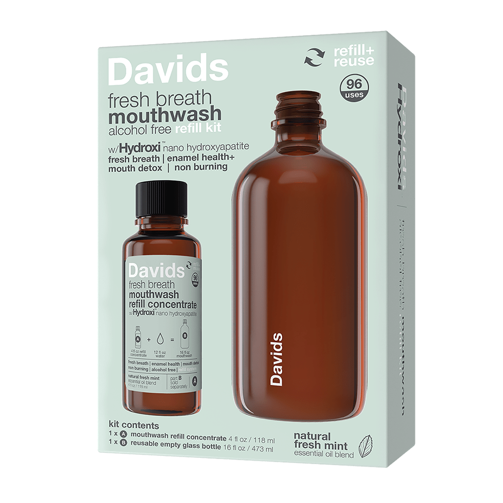 Davids mouthwash refill kit with Hydroxi, fresh mint scent, includes concentrate and glass bottle