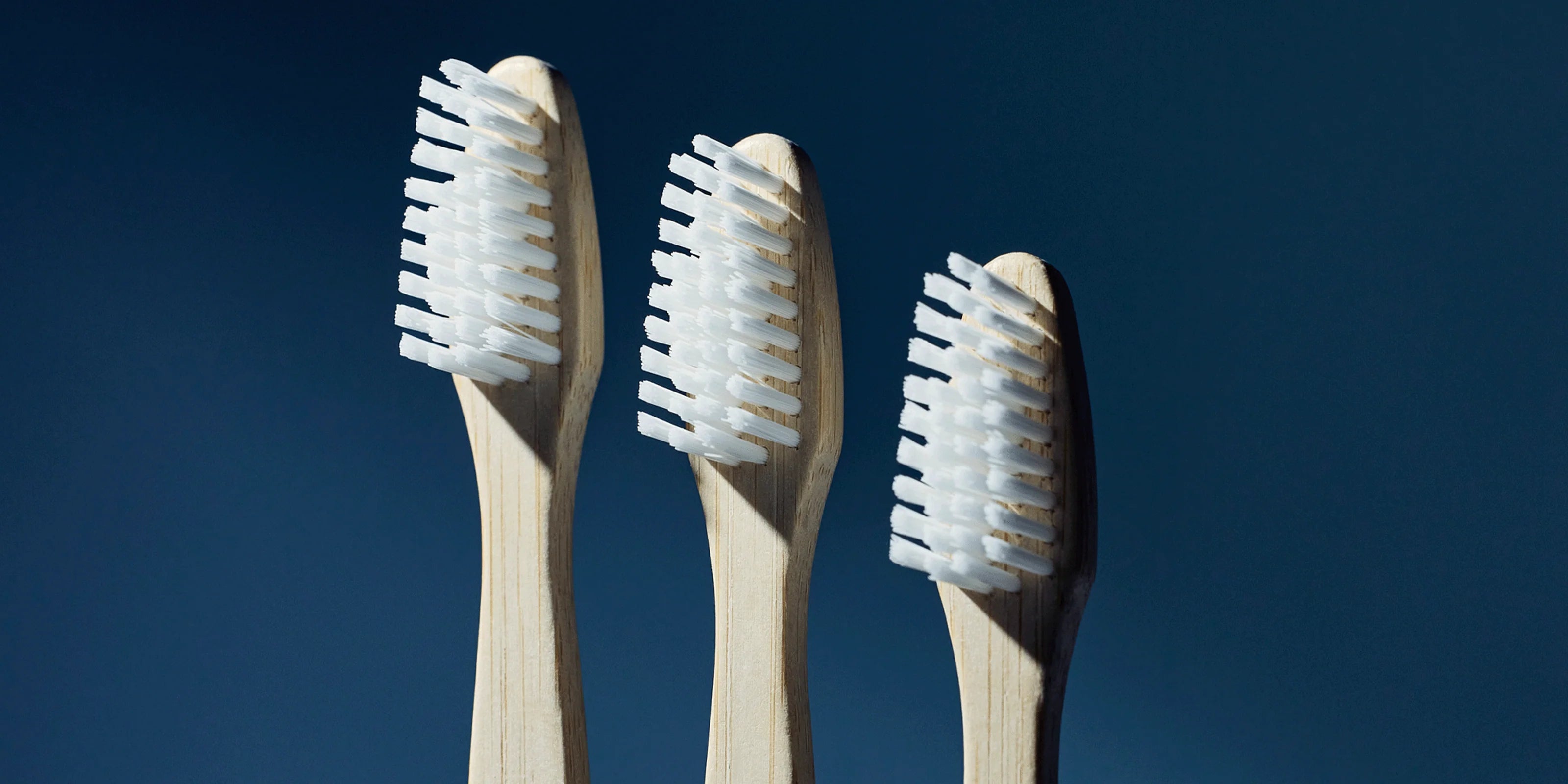 Close-up of three wooden toothbrushes with white bristles against a dark blue background